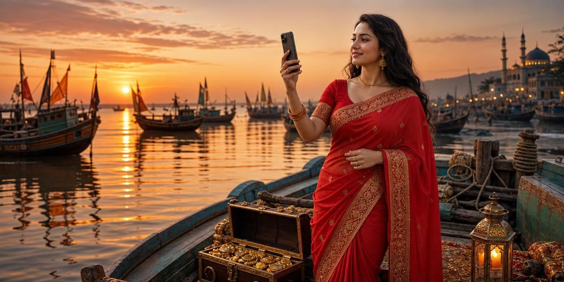 কক্সবাজার সমুদ্র সৈকতের পাশে শাড়ি পরে একজন নারী basa18 অ্যাপ ব্যবহার করছেন